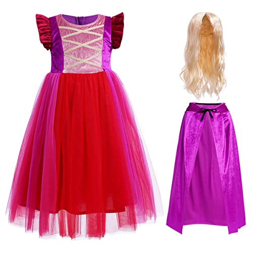 Mädchen Halloween Schwester Hexe Kostüm Kinder Sarah Sanderson Cosplay Karneval Kostüm Party Tüll Langes Kleid Mit Kapuze Samt Umhang Perücke Kinderkostüm Rollenspiel Verkleidung Lila 11-12 Jahre von FYMNSI