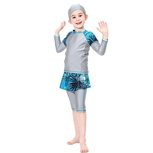 Mädchen Kinder Muslimische Bademode Islamische Schwimmanzug Badeanzug Burkini Muslim Swimwear Full Cover Langarm Top mit Kurzes Hosen Hut Schwimmhaube Set Strandmode UV Schutz Anzug Grau 11-12 Jahre von FYMNSI