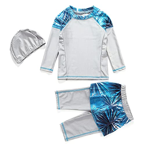 Mädchen Kinder Muslimische Bademode Islamische Schwimmanzug Badeanzug Burkini Muslim Swimwear Full Cover Langarm Top mit Kurzes Hosen Hut Schwimmhaube Set Strandmode UV Schutz Anzug Grau 6-7 Jahre von FYMNSI