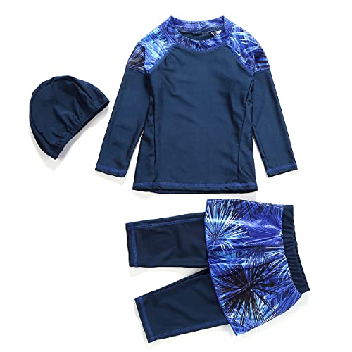 Mädchen Kinder Muslimische Bademode Islamische Schwimmanzug Badeanzug Burkini Muslim Swimwear Full Cover Langarm Top mit Kurzes Hosen Schwimmhaube Set Strandmode UV Schutz Anzug Marineblau 11-12 Jahre von FYMNSI