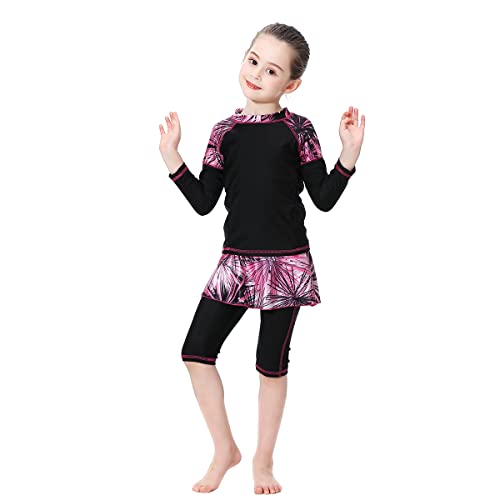 Mädchen Kinder Muslimische Bademode Islamische Schwimmanzug Badeanzug Burkini Muslim Swimwear Full Cover Langarm Top mit Kurzes Hosen Schwimmhaube Set Strandmode UV Schutz Anzug Schwarz 11-12 Jahre von FYMNSI