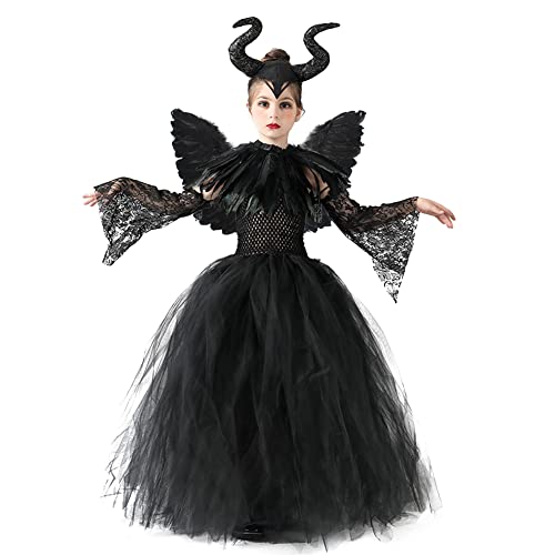 Mädchen Maleficent Kostüm Kleid Flügel Gehörntes Stirnband Spitze Armstulpe Set Halloween Fasching Party Cosplay Böse Königin Bösartige Hexenkönigin Dunkle Königin Verkleidung Schwarz 5tlg Set 8-10J von FYMNSI