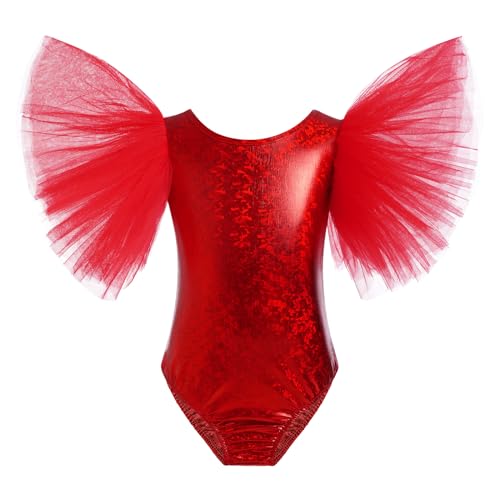 Mädchen Metallic Turnanzug Gymnastikanzug Ballettanzug Kinder Halloween Kostüm Tüll Ärmel Ballett Trikot Tanz Body Einteiler Leotard Sportbody Karneval Fasching Cosplay Tanzkostüm Rot 7-8 Jahre von FYMNSI