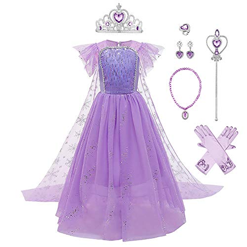 Mädchen Prinzessin Kostüme Eiskönigin Schneeflocke Tüll Maxikleid mit Umhang Zubehör Kinder Schneekönigin Eisprinzessin Verkleidung Halloween Cosplay Party Karneval Weihnachten Set Lila 4-5 Jahre von FYMNSI