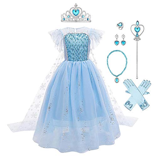 Mädchen Prinzessin Kostüme Eiskönigin Schneeflocke Tüll Maxikleid mit Umhang Zubehör Kinder Schneekönigin Eisprinzessin Verkleidung Halloween Cosplay Party Karneval Weihnachten Set Blau 4-5 Jahre von FYMNSI