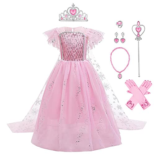 Mädchen Prinzessin Kostüme Eiskönigin Schneeflocke Tüll Maxikleid mit Umhang Zubehör Kinder Schneekönigin Eisprinzessin Verkleidung Halloween Cosplay Party Karneval Weihnachten Set Rosa 8-9 Jahre von FYMNSI