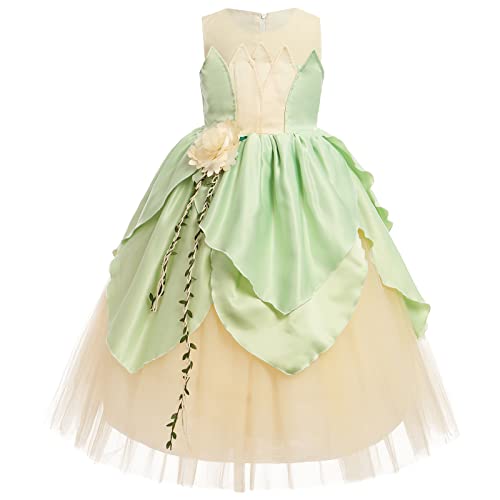 Mädchen Prinzessin Tiana Kostüm Froschprinzessin Cosplay Ärmellos Tüll Maxi Abendkleid Outfit für Kinder Halloween Karneval Geburtstag Party Fasching Verkleidung Feen Costume Hellgrün 5-6 Jahre von FYMNSI