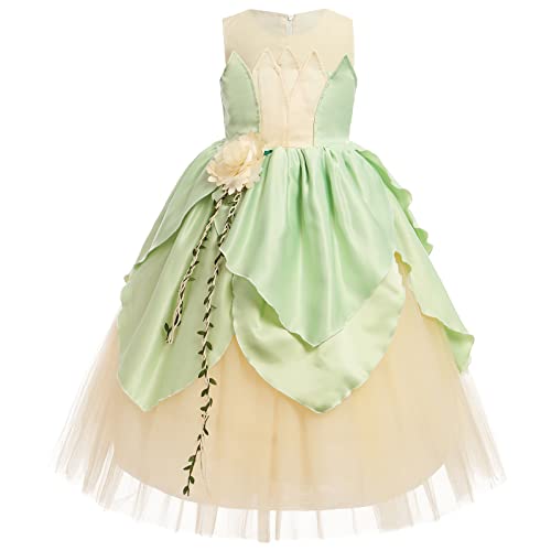Mädchen Prinzessin Tiana Kostüm Froschprinzessin Cosplay Ärmellos Tüll Maxi Abendkleid Outfit für Kinder Halloween Karneval Geburtstag Party Fasching Verkleidung Feen Costume Hellgrün 9-10 Jahre von FYMNSI