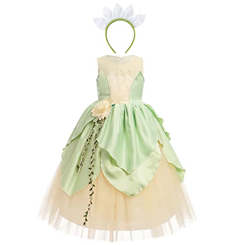 Mädchen Prinzessin Tiana Kostüm Froschprinzessin Cosplay Ärmellos Tüll Maxi Abendkleid mit Stirnband Outfit für Kinder Halloween Karneval Geburtstag Party Fasching Verkleidung Hellgrün 7-8 Jahre von FYMNSI