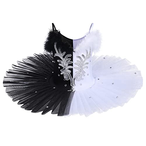 Mädchen Professionelles Ballett Tutu Kinder Ballettkleid Schwan Tanzkleid Schwanensee Tanz Kostüm Ballettkleidung Ballerina Prinzessin Pfannkuchen Trägerkleid Bühnenkleidung Schwarz + Weiß 5-6 Jahre von FYMNSI