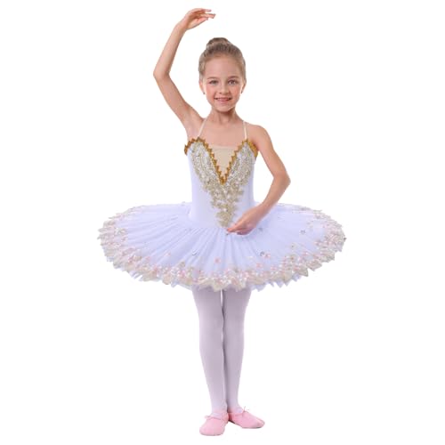 FYMNSI Kinder Mädchen Professionelles Ballett Tutu Kleid Pfannkuchen Ballettkleid Schwan Tanzkleid Schwanensee Tanz Kostüm Stickerei Tüllkleid Ballettkleidung Ballerina Bühnenkleidung Weiß 11-12 Jahre von FYMNSI