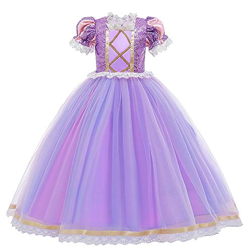 Mädchen Rapunzel Sofia Kostüm Kinder Märchen Prinzessin Cosplay Kurzarm Pailletten Tüll Maxikleid für Geburtstag Party Karneval Fasching Halloween Weihnachten Ankleiden Verkleidung Lila 01 6-7 Jahre von FYMNSI