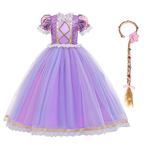 FYMNSI Mädchen Prinzessin Kostüm Kinder Märchen Cosplay Kurzarm Pailletten Tüll Maxikleid mit Perücke Outfit für Geburtstag Party Karneval Fasching Halloween Weihnachten Ankleiden Lila 4-5 von FYMNSI