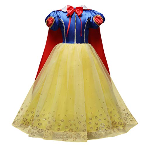 Mädchen Schneewittchen Kostüm Kinder Prinzessin Faschingskostüme Karneval Maxikleid Snow White Grimm Märchen Prinzessinnenkleid mit Umhang Halloween Weihnachten Geburtstag Cosplay Verkleiden Blau 5-6 von FYMNSI