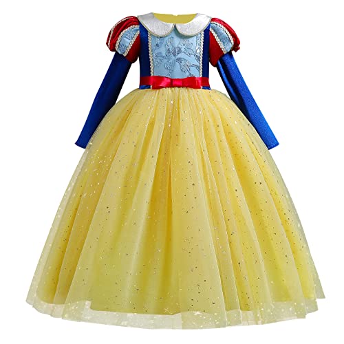 Mädchen Schneewittchen Kostüm Kinder Prinzessin Snow White Costume Karneval Cosplay Samt Langarm Tüll Maxikleid Fasching Halloween Weihnachten Geburtstag Party Verkleidung Gelb + Blau 4-5 Jahre von FYMNSI