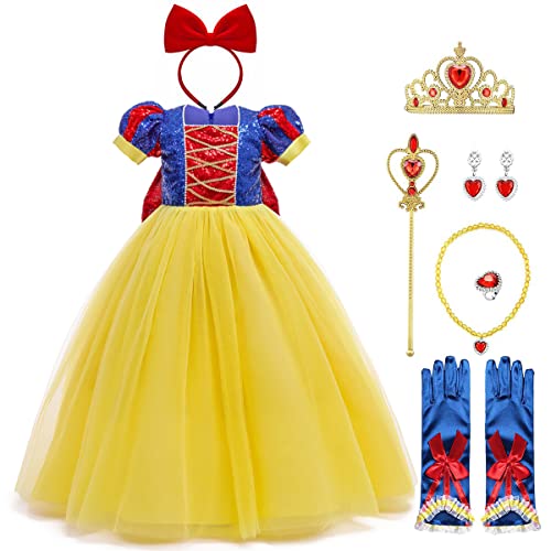 Mädchen Schneewittchen Kostüm Kinder Prinzessin Snow White Costume Karneval Cosplay Tüll Maxikleid mit Zubehör Halloween Weihnachten Geburtstag Party Verkleidung Blau + Gelb Pailletten 3-4 Jahre von FYMNSI