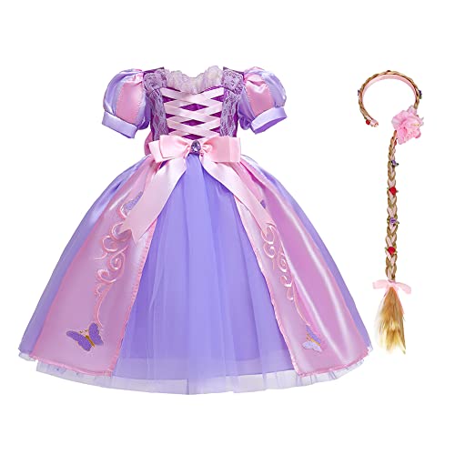 Mädchen Sofia Rapunzel Prinzessin Kostüm Kinder Cosplay Kurzarm Kurzes Kleid mit Perücke für Karneval Fasching Halloween Weihnachten Geburtstag Party Ankleiden Verkleidung Lila + Rosa 2-3 Jahre von FYMNSI