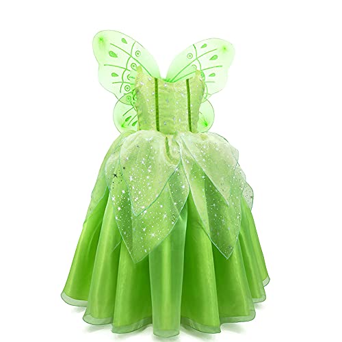 Mädchen Tinkerbell Feen Kostüm Kinder Feenkostüm Elfen Prinzessin Grün Maxi Langes Kleid Schmettelingflügel Elfenflügel Set Halloween Cosplay Geburtstag Party Fasching Karneval Ankleiden 10-11 Jahre von FYMNSI