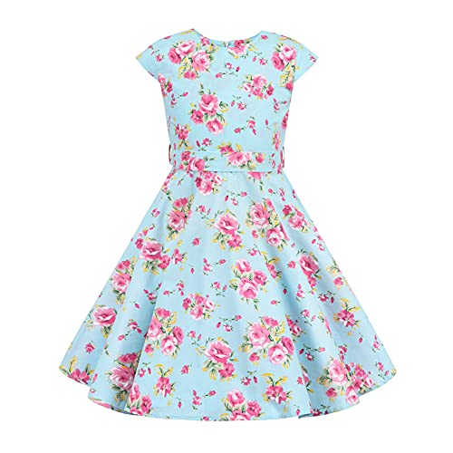 Mädchen Vintage 1950er Rockabilly Kleid Partykleid Cocktailkleid Audrey Hepburn Kinder Retro Blumen Druck Kurzarm A-Linie Schwingen Geburtstag Faltenrock Knielang Festkleid Blau Blumen 4-5 Jahre von FYMNSI