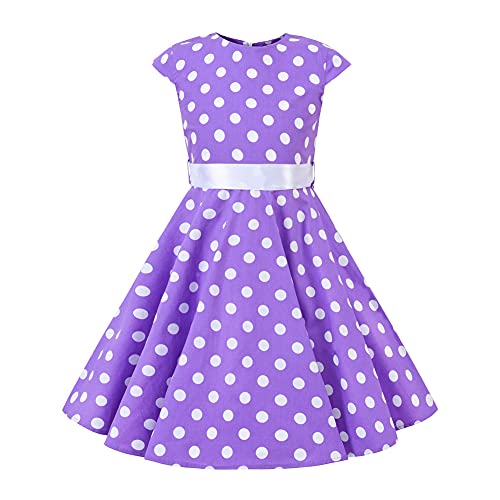 Mädchen Vintage 1950er Rockabilly Kleid Partykleider Cocktailkleider Audrey Hepburn Kinder Retro Gepunktet Kurzarm A-Linie Schwingen Geburtstag Partykleid Faltenrock Knielang Festkleid Lila 11-12J von FYMNSI