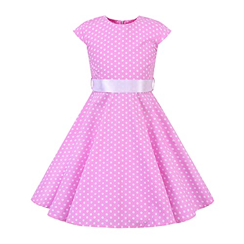 Mädchen Vintage 1950er Rockabilly Kleid Partykleider Cocktailkleider Audrey Hepburn Kinder Retro Gepunktet Kurzarm A-Linie Schwingen Geburtstag Partykleid Faltenrock Knielang Festkleid Rosa 9-10J von FYMNSI