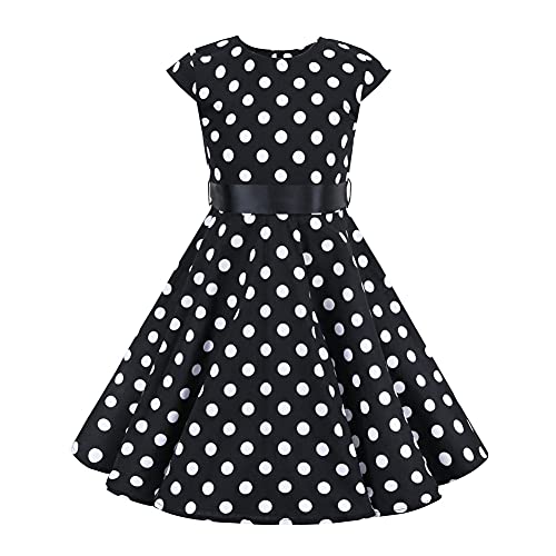 Mädchen Vintage 1950er Rockabilly Kleid Partykleider Cocktailkleider Audrey Hepburn Kinder Retro Gepunktet Kurzarm A-Linie Schwingen Geburtstag Partykleid Faltenrock Knielang Festkleid Schwarz 11-12J von FYMNSI