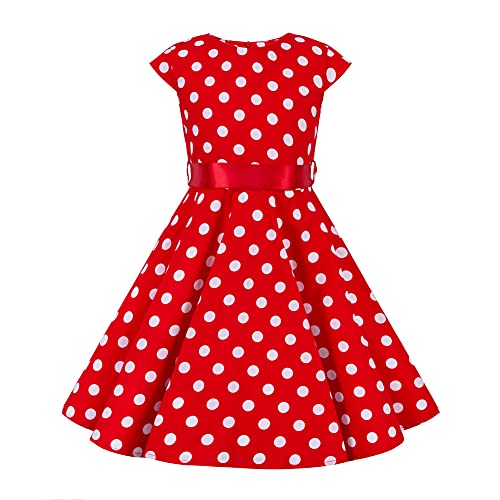 Mädchen Vintage 1950er Rockabilly Kleid Partykleider Cocktailkleider Audrey Hepburn Kinder Retro Gepunktet Kurzarm A-Linie Schwingen Geburtstag Partykleider Faltenrock Knielang Festkleid Rot 11-12J von FYMNSI