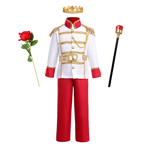 Märchenprinz Kostüm Kinder Jungen Prinz Charming Mittelalterlichen König Kinderkostüm Jacke Top Hose Gürtel Krone Zepter Rose Halloween Cosplay Karneval Mottoparty Party Verkleidung Rot 10-12 Jahre von FYMNSI