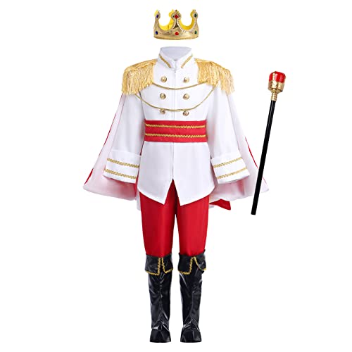 Märchenprinz Kostüm Kinder Jungen Prinz Charming Mittelalterlichen König Kinderkostüm Jacke Top Umhang Hose Gürtel Krone Zepter Überschuhe Halloween Cosplay Karneval Party Verkleidung Rot 11-12 Jahre von FYMNSI