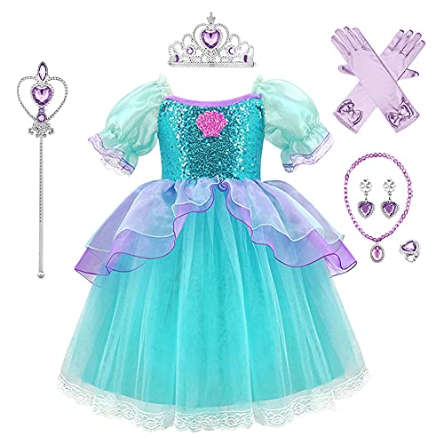 Meerjungfrau Kostüm Kleid Kinder Mädchen Prinzessin Mermaid Geburtstag Party Ankleiden Märchen Outfit mit Zubehör Halloween Cosplay Fasching Karneval Abendkleid Verkleidung Violett Grün 4-5 Jahre von FYMNSI