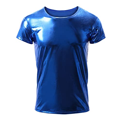 Metallic T Shirt Herren Glitzer Kurzarm Oberteil Roundhals Muskelshirt Wetlook Unterhemd Slim Fit 70er 80er Jahre Kost?m Disco Hemd Party Outfit Fasching Karneval Kleidung Tanz Clubwear K?nigsblau M von FYMNSI