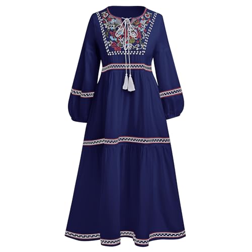 Mexikanisches Kleid Damen Blumen Stickerei Maxikleid Lang Abendkleid Langarm V-Ausschnitt Freizeitkleid Partykleid Cocktailkleid Elegant Herbstkleid Folklore Boho Strandkleid Dunkelblau Einheitsgröße von FYMNSI