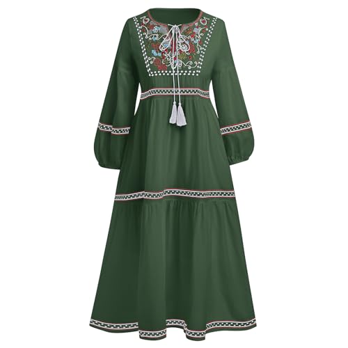 Mexikanisches Kleid Damen Blumen Stickerei Maxikleid Langes Abendkleid Langarm V-Ausschnitt Freizeitkleid Partykleid Cocktailkleid Elegant Herbstkleid Bohemian Folklore Strandkleid Grün Einheitsgröße von FYMNSI