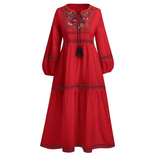 Mexikanisches Kleid Damen Blumen Stickerei Maxikleid Langes Abendkleid Langarm V-Ausschnitt Freizeitkleid Partykleid Cocktailkleid Elegant Herbstkleid Bohemian Folklore Strandkleid Rot Einheitsgröße von FYMNSI