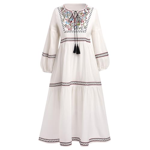 Mexikanisches Kleid Damen Blumen Stickerei Maxikleid Langes Abendkleid Langarm V-Ausschnitt Freizeitkleid Partykleid Cocktailkleid Elegant Herbstkleid Bohemian Folklore Strandkleid Weiß Einheitsgröße von FYMNSI
