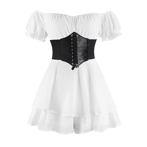 Mittelalter Kleidung Damen Renaissance Gothic Kost?m Retro Schulterfrei Kurzarm Jumpsuit Minikleid Mit G?rtel Korsett Halloween Pirat Cosplay Viktorianisches Steampunk Wikinger Verkleidung Wei? S von FYMNSI