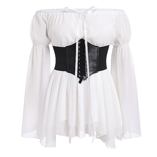 Mittelalter Kleidung Damen Renaissance Gothic Kostüm Vintage Schulterfrei Trompetenärmel Minikleid Mit Gürtel Korsett Halloween Pirat Cosplay Viktorianisches Steampunk Wikinger Verkleidung Weiß M von FYMNSI