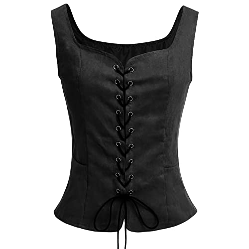 Mittelalter Kleidung Damen Weste Renaissance Pirate Kost?m Gothic Steampunk Schn?rweste Halloween Costume Party Vikings Cosplay Wildleder ?rmellos Hemd Mittelalterlicher Victorian Anzug Schwarz S von FYMNSI