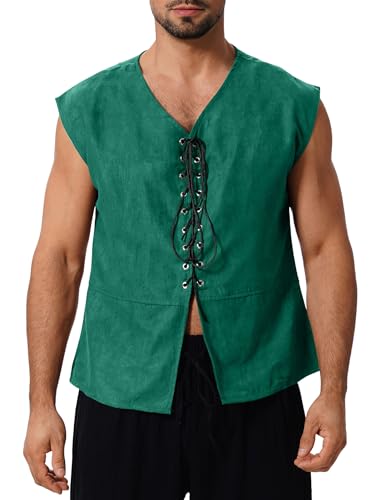 Mittelalter Kleidung Herren Weste Renaissance Pirate Kost?m Gothic Steampunk Schn?rweste Halloween Costume Party Vikings Cosplay Wildleder ?rmellos Hemd Mittelalterlicher Victorian Anzug Gr?n XXXL von FYMNSI