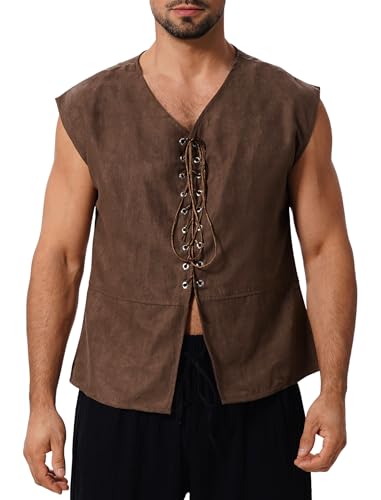 Mittelalter Kleidung Herren Weste Renaissance Pirate Kost?m Gothic Steampunk Schn?rweste Halloween Costume Party Vikings Cosplay Wildleder ?rmellos Hemd Mittelalterlicher Victorian Anzug Kaffee XXL von FYMNSI