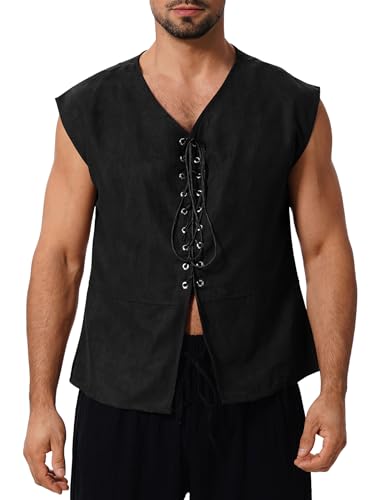 Mittelalter Kleidung Herren Weste Renaissance Pirate Kost?m Gothic Steampunk Schn?rweste Halloween Costume Party Vikings Cosplay Wildleder ?rmellos Hemd Mittelalterlicher Victorian Anzug Schwarz XL von FYMNSI