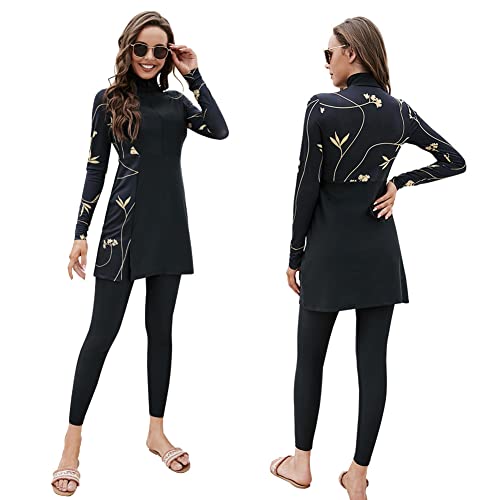 Muslimische Badeanzug Damen 2 Stück Burkini Set Langarm Top und Hose Modest Bademode Islamisch Arabisch Schwimmkostüm Full Cover Muslim Swimsuits Bescheidene Ganzkörper Schwimmanzug 3# Schwarz XL von FYMNSI