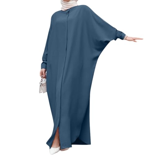 Muslimisches Kleid für Damen, Abaya Muslim Damen, Gebetskleidung für Frauen Kaftan Naher Osten Dubai Türkei Arabische Islamische Kleidung Einteiliges Langarm Maxikleid Ramadan Party Robe Dunkelblau von FYMNSI