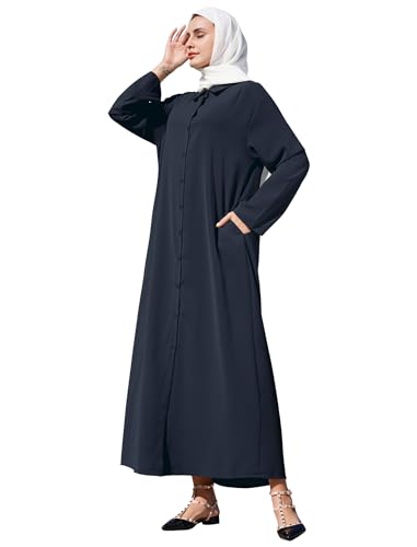 Muslimisches Kleid für Damen Abaya Muslim Langarm Henley Shirt Gebetskleid für Frauen Kaftan Gebetsbekleidung Naher Osten Dubai Türkei Arabische Islamische Einteiliges Maxikleid Ramadan Marineblau M von FYMNSI