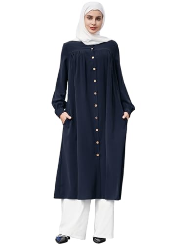 Muslimisches Kleid f?r Damen Abaya Muslim Langarm Henley Shirt Gebetskleid f?r Frauen Kaftan Naher Osten Dubai T?rkei Arabische Islamische Kleidung Einteiliges Maxikleid Ramadan Party Marineblau S von FYMNSI