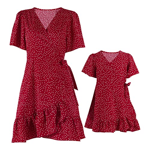 Mutter Tochter Kleid Sommerkleid Partnerlook Mama und Mich Kleidung Outfits Kurzarm V-Ausschnitt Chiffonkleid Boho Strandkleid Familien Passenden Partykleid Elegante Freizeitkleid Rot Gepunktet M von FYMNSI
