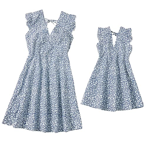 Mutter Tochter Kleid Sommerkleid Partnerlook Mama und Mich Kleidung Outfits V-Ausschnitt Chiffonkleid Geblümt Strandkleid Familien Passenden Partykleid Damen Mädchen Kurzes Freizeitkleid Blau 8-9J von FYMNSI