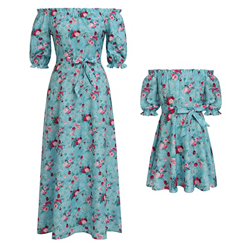 Mutter Tochter Partnerlook Kleid Damen Mädchen Schulterfrei Lang Maxikleid Knielange Strandkleid Boho Freizeitkleid Blumen Gedruckt Partykleid Mama und Mich Passend Familie Kleidung Hellblau 1 Jahr von FYMNSI