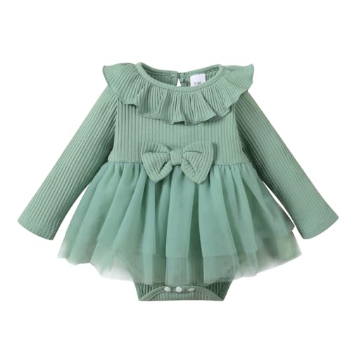 Neugeborene Baby M�dchen Langarm Bodykleid 1. Geburtstag Outfit Prinzessin Tutu T�llkleid Baumwolle Kleinkinder Partykleid Festliches Festkleid Freizeit Herbstkleid Winter Fotoshooting Hellgr�n 6-12M von FYMNSI