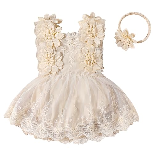 Neugeborenes Baby M?dchen 1. Geburtstag Outfit Taufkleid Spitzenkleid Partykleid Strampler R?schen ?rmellos Bodykleid Einteiler Prinzessin Bodysuit T?t? Kleid mit Blumen Stirnband Aprikose 12-18M von FYMNSI